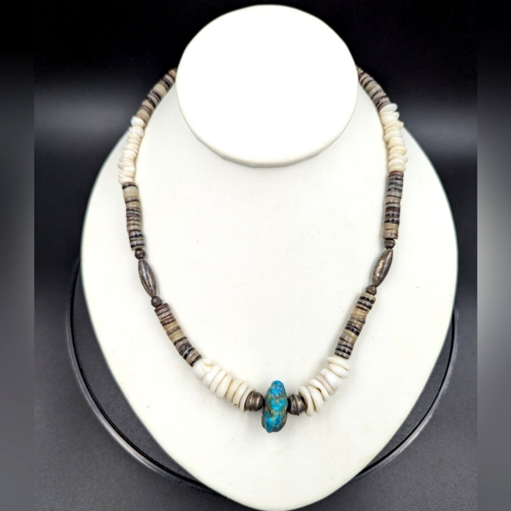 Vintage heshi bead and turquoise necklace with sterling silver hook clasp